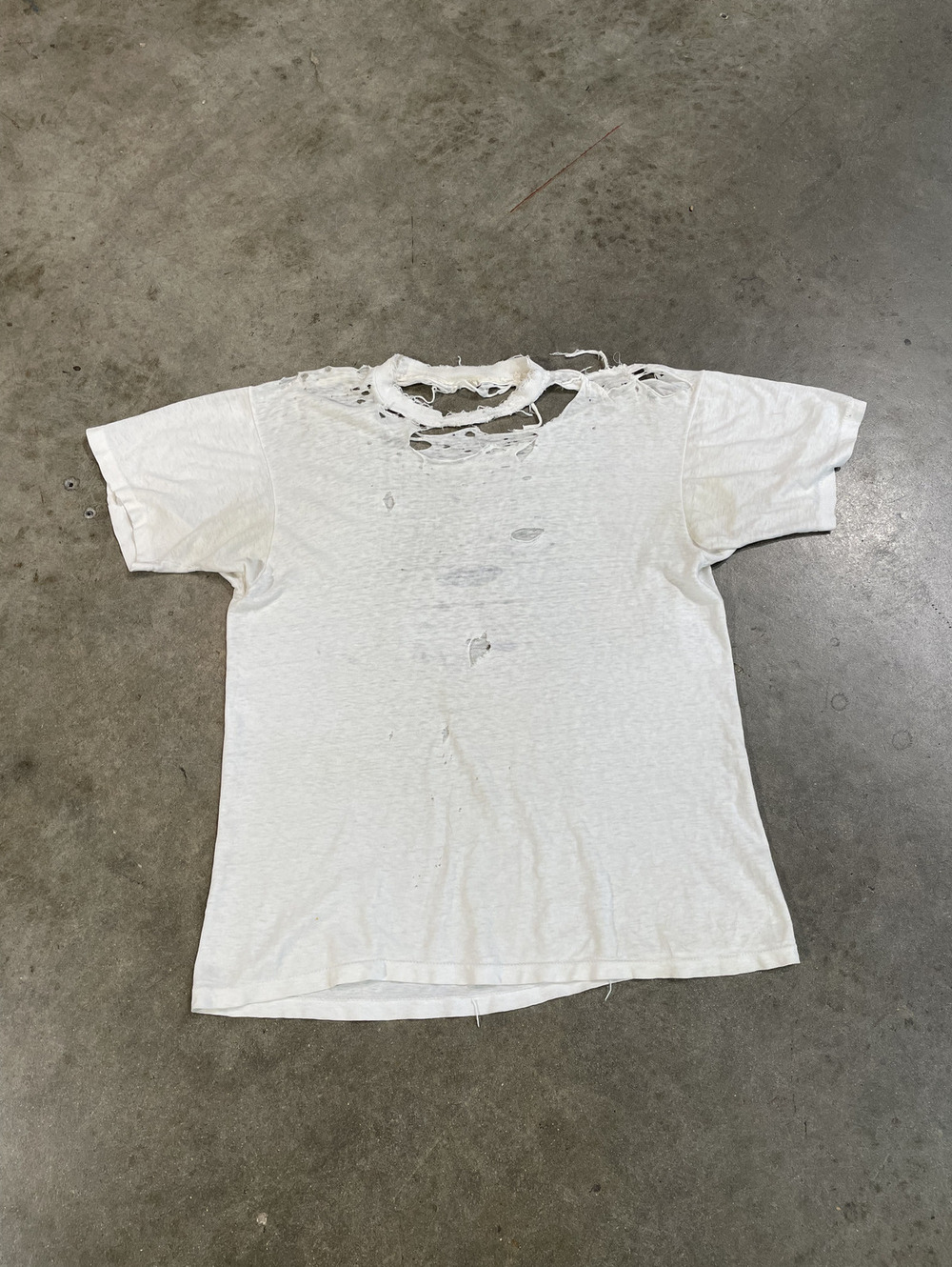 Vintage Heavily Thrashed Distressed Faded White Tee 20.5x27